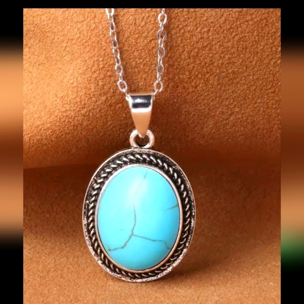 Boho Simulated Turquoise Pendant necklace Tarnish resistant